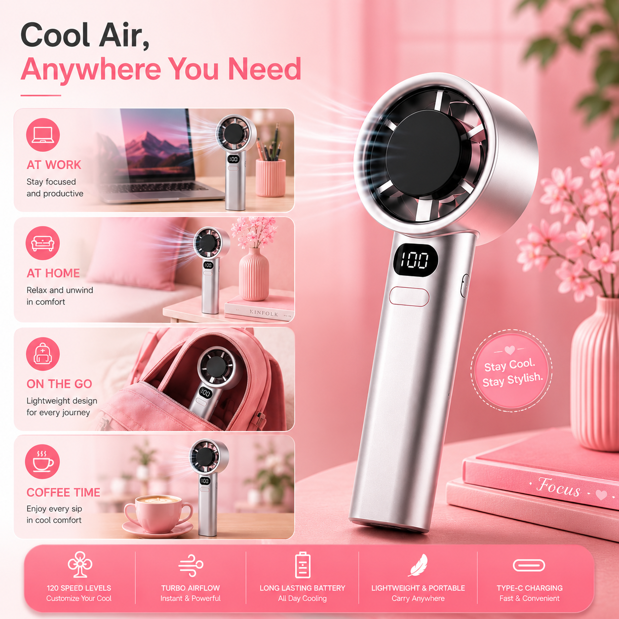 💖 Twin Breeze™ Portable Turbo Fan Duo | 120-Speed Rechargeable Cooling Fans (Pack of 2)