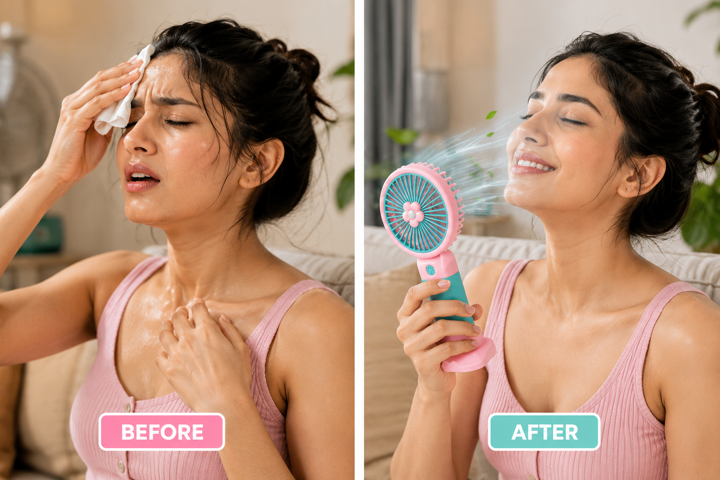 Before and after comparison of a woman using a handheld fan.