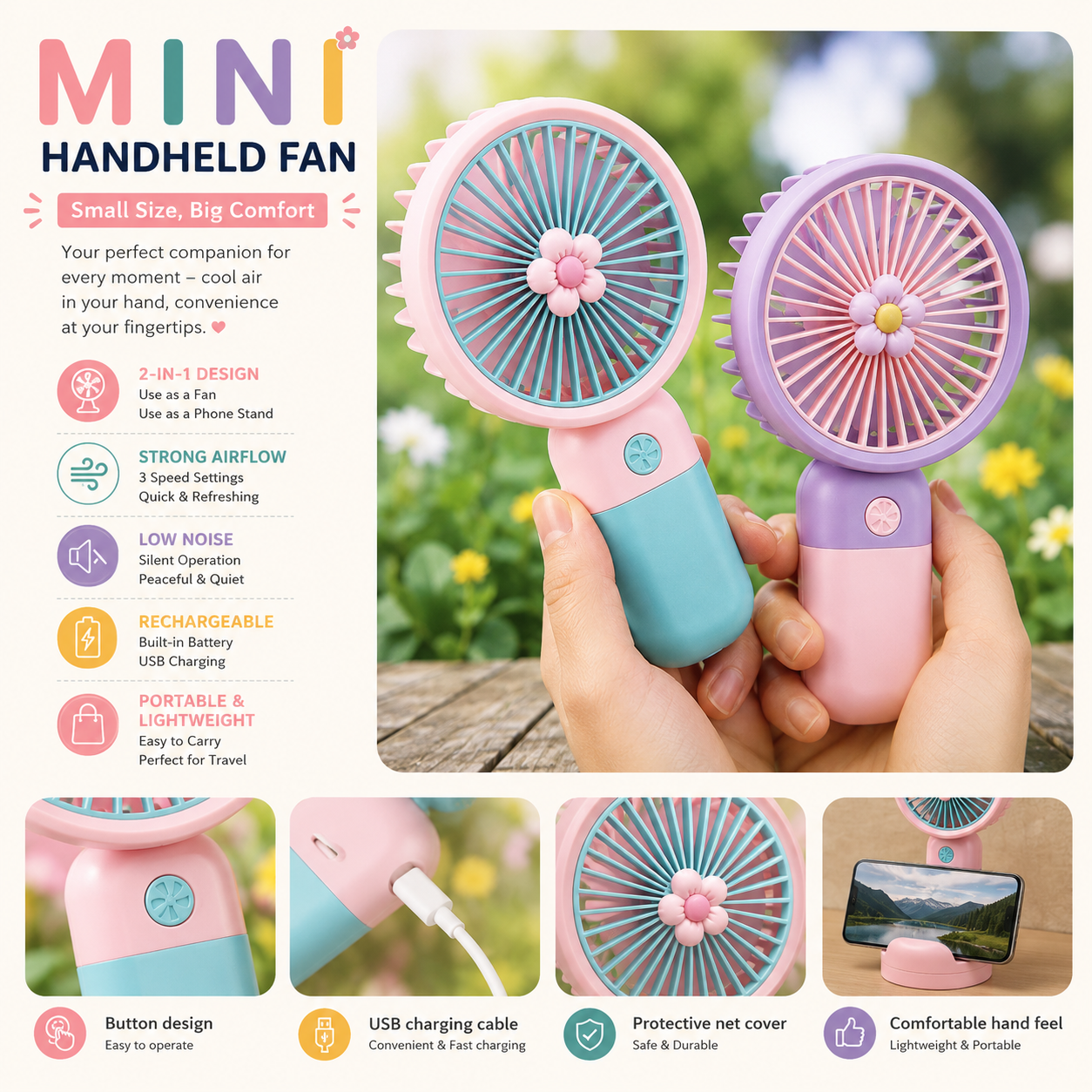 Portable Mini Handheld Fan [Pack of 2] – Rechargeable Cute Cooling Fan
